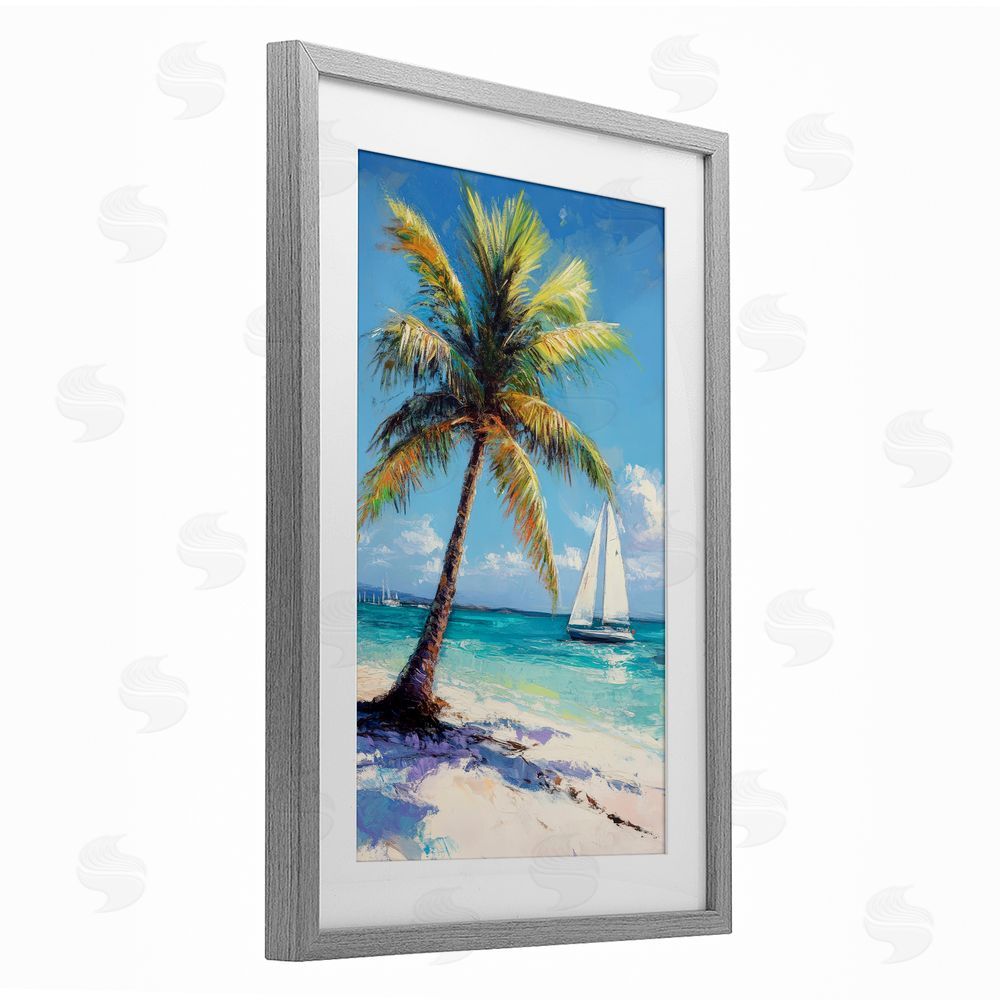 Petal Prints Design Palms & Sails Beach View Gray Framed Print Under Glass Wall Art