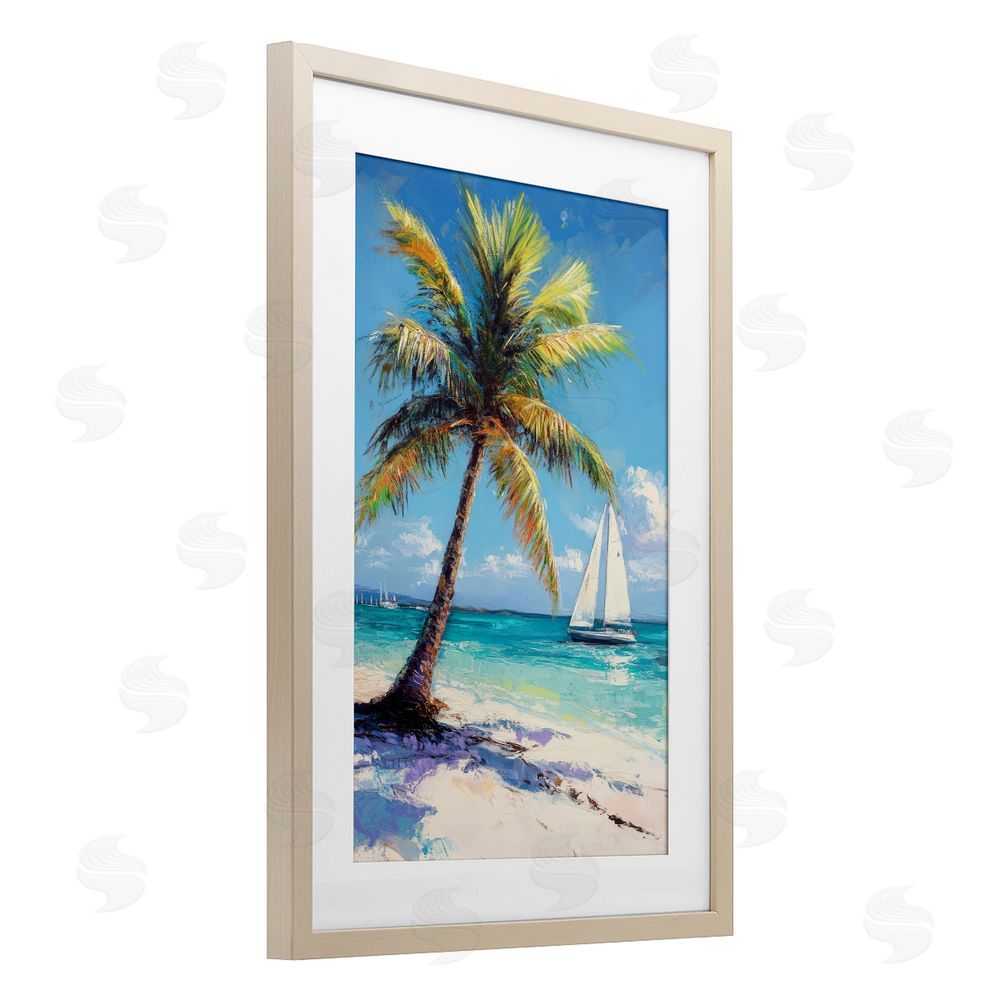 Petal Prints Design Palms & Sails Beach View Brown Framed Print Under Glass Wall Art