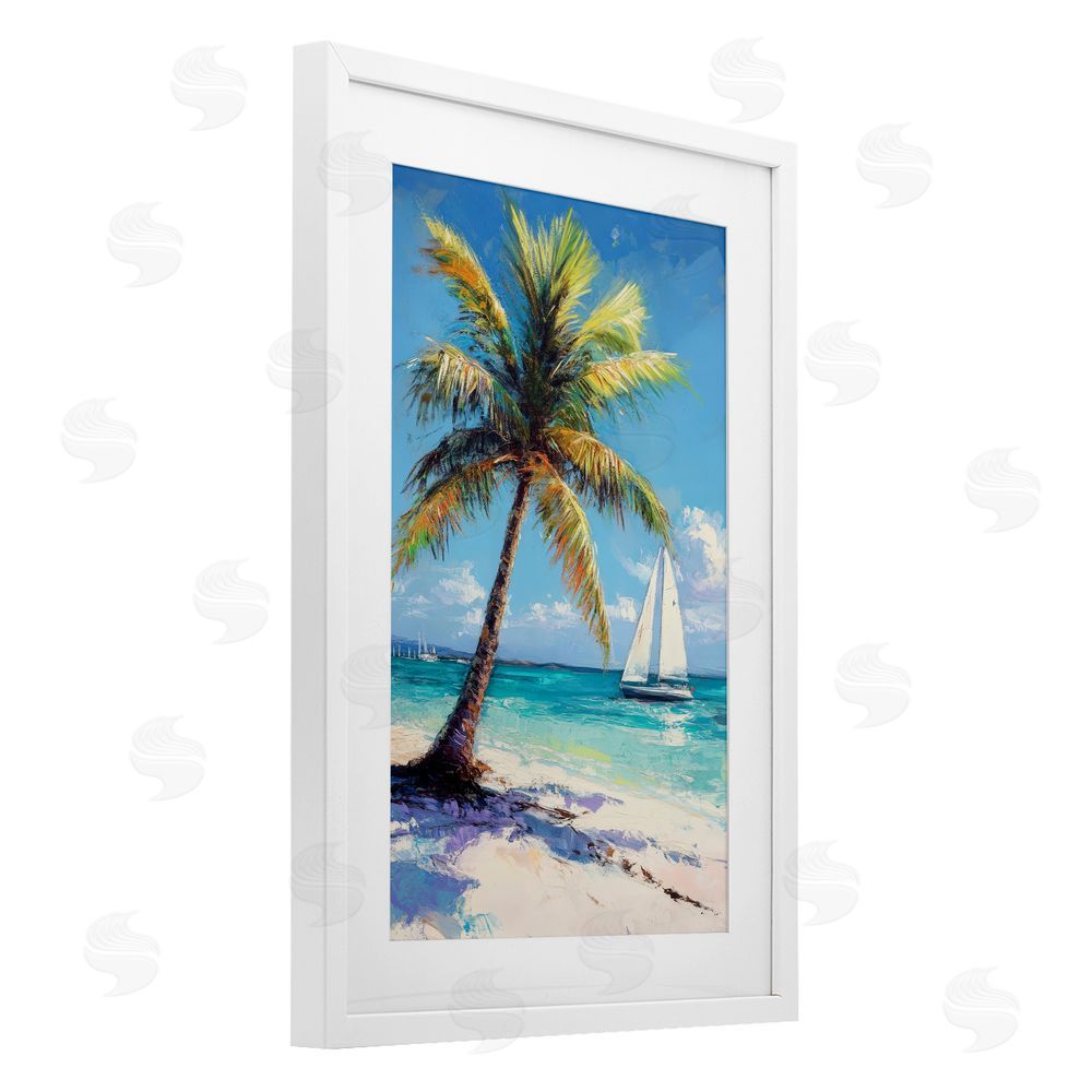 Petal Prints Design Palms & Sails Beach View White Framed Print Under Glass Wall Art