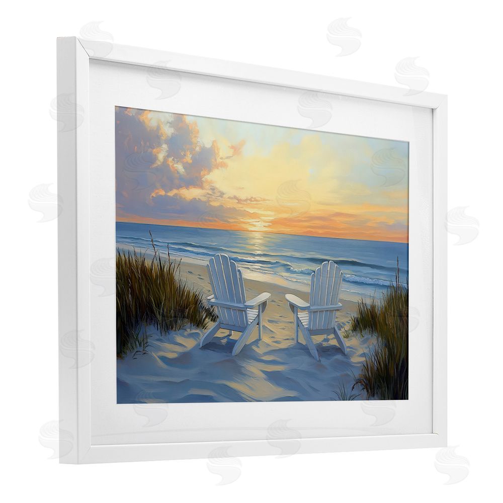 Petal Prints Design Calm Beach Sunset Overlook White Framed Print Under Glass with Matting Wall Art