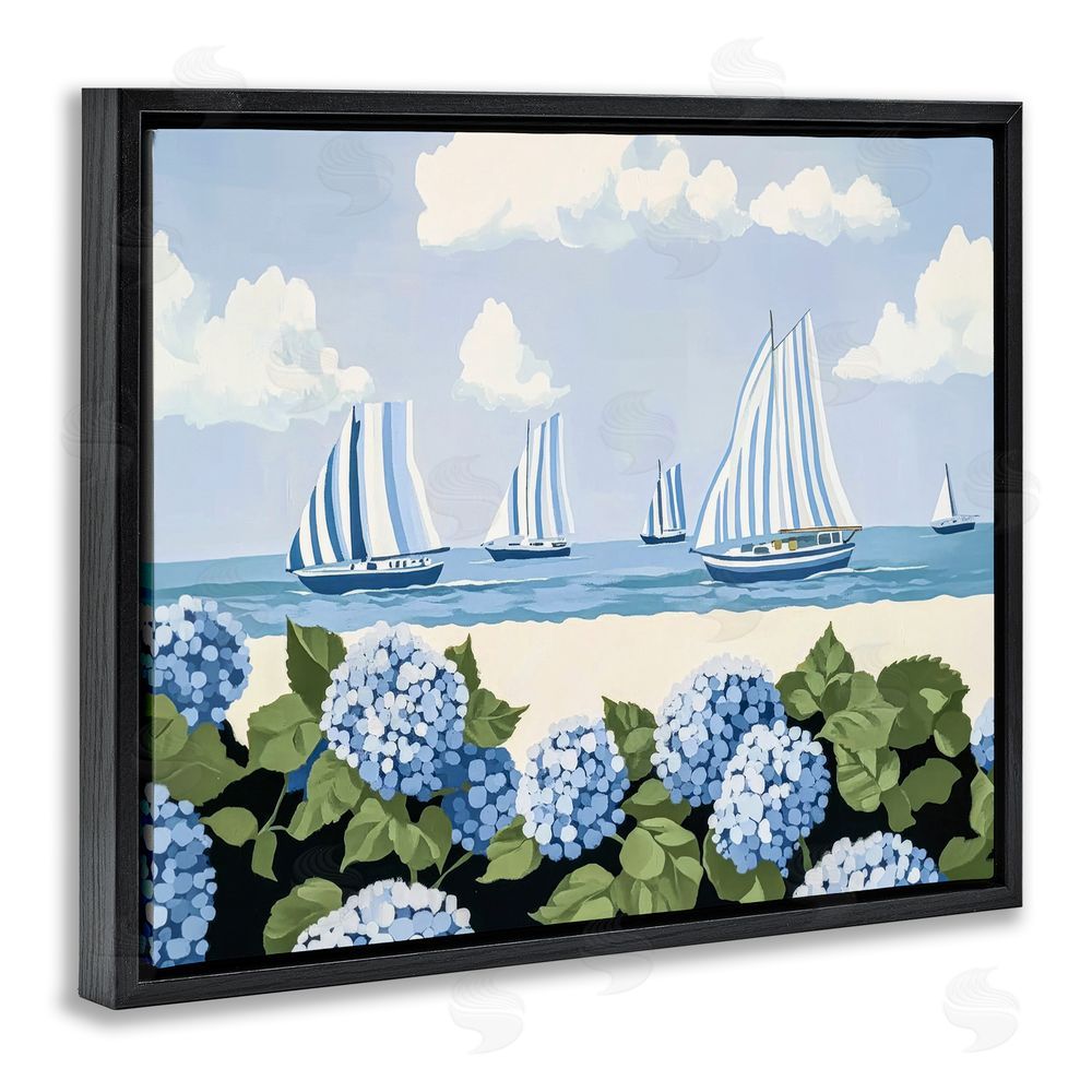 Sisi and Seb Striped Sails & Seaside Hydrangeas Black Floating Framed Canvas Wall Art Print