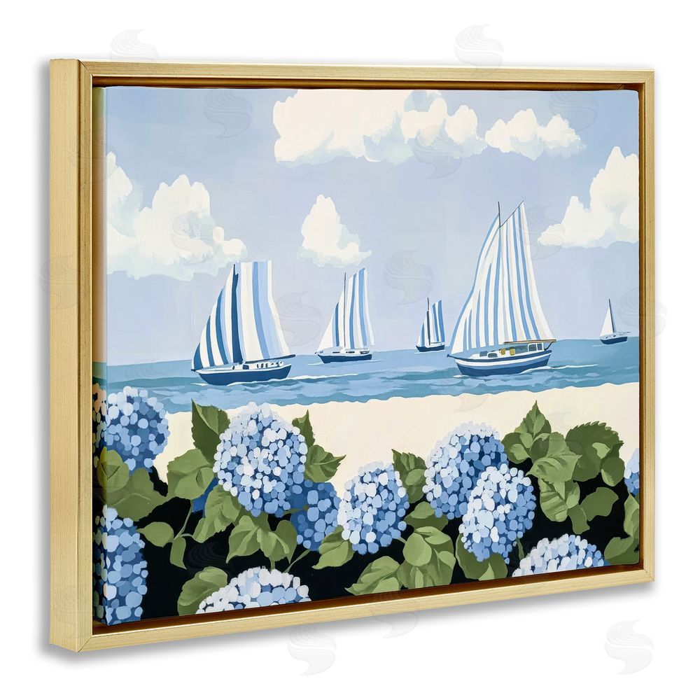 Sisi and Seb Striped Sails & Seaside Hydrangeas Gold Floating Framed Canvas Wall Art Print