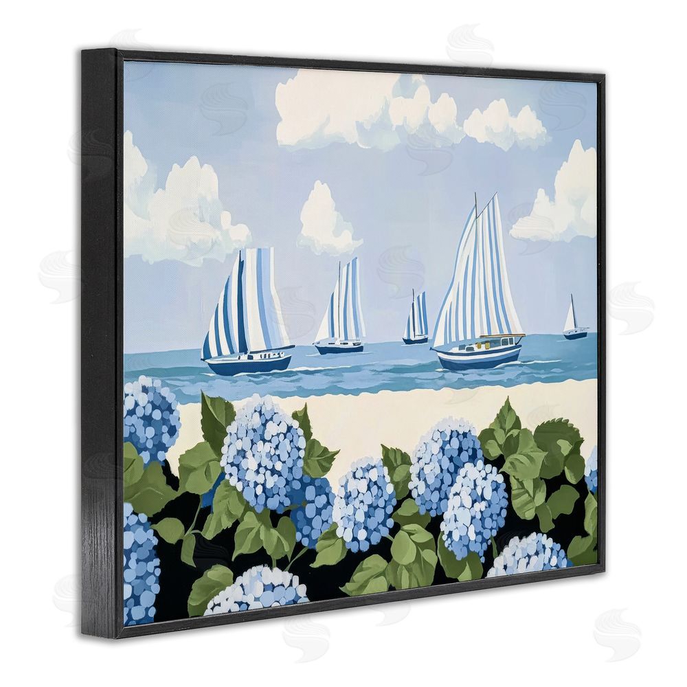 Sisi and Seb Striped Sails & Seaside Hydrangeas Black Framed Giclee Wall Art Print