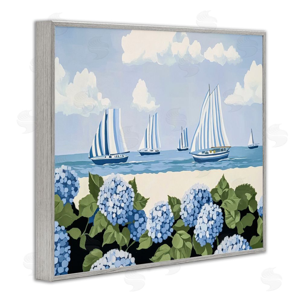 Sisi and Seb Striped Sails & Seaside Hydrangeas Gray Framed Giclee Wall Art Print