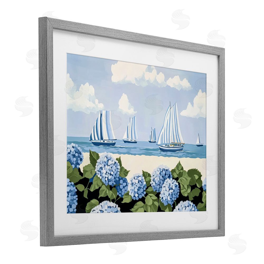 Sisi and Seb Striped Sails & Seaside Hydrangeas Gray Framed Print Under Glass with White Mat Wall Art