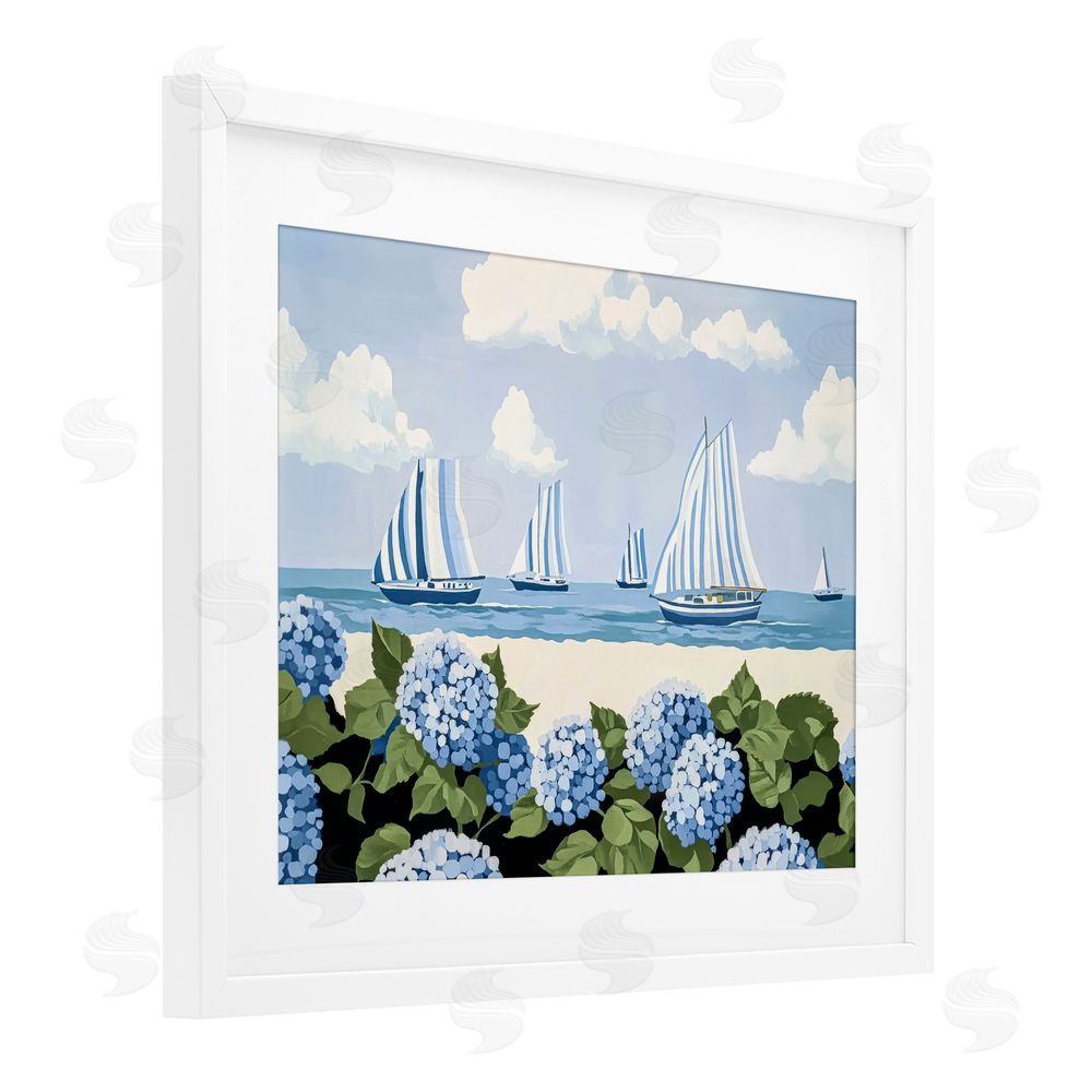 Sisi and Seb Striped Sails & Seaside Hydrangeas White Framed Print Under Glass with White Mat Wall Art