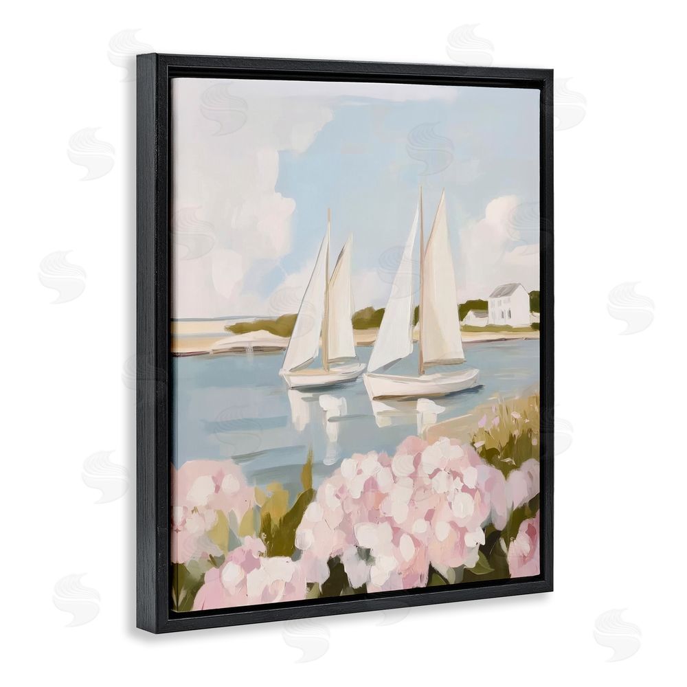 Sisi and Seb Sailboat Duo with Pink Hydrangeas Black Floating Framed Canvas Wall Art Print