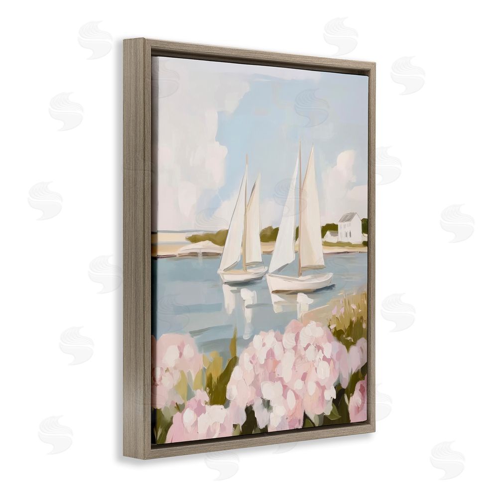 Sisi and Seb Sailboat Duo with Pink Hydrangeas Brown Floating Framed Canvas Wall Art Print