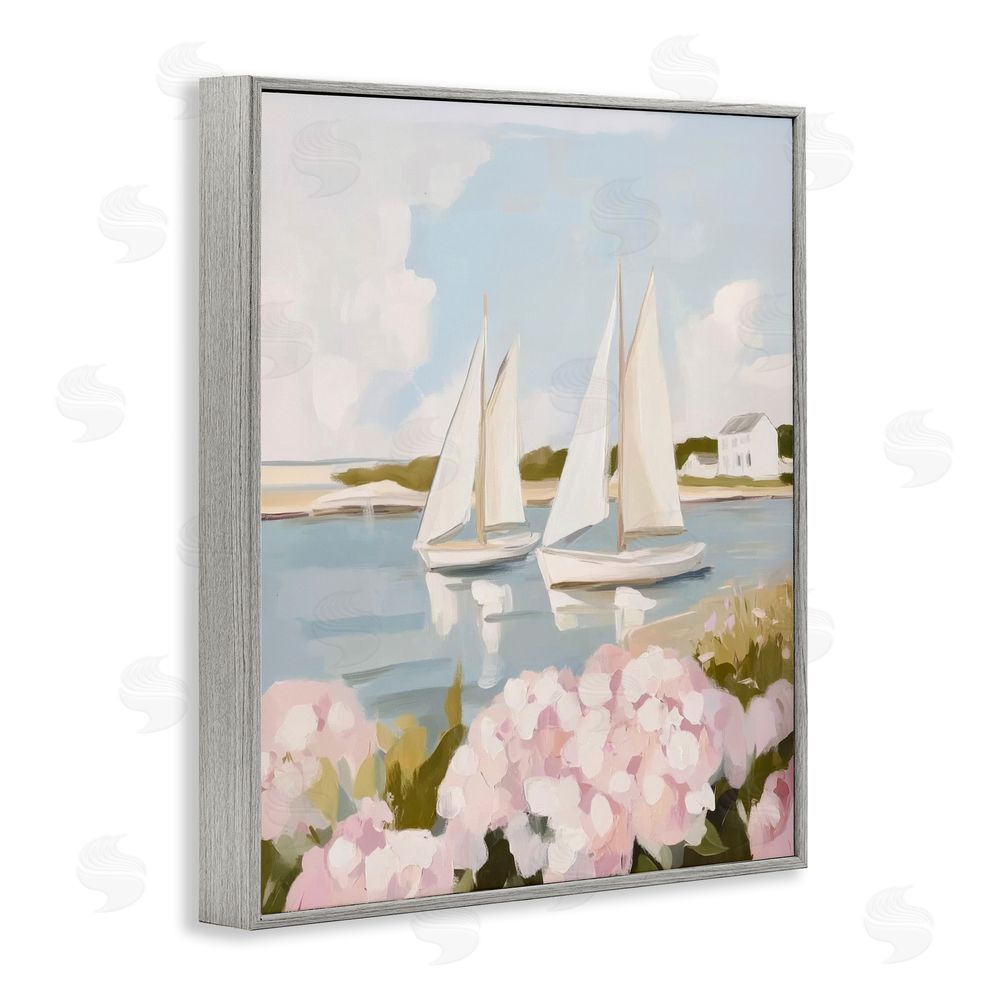 Sisi and Seb Sailboat Duo with Pink Hydrangeas Gray Framed Giclee Wall Art Print