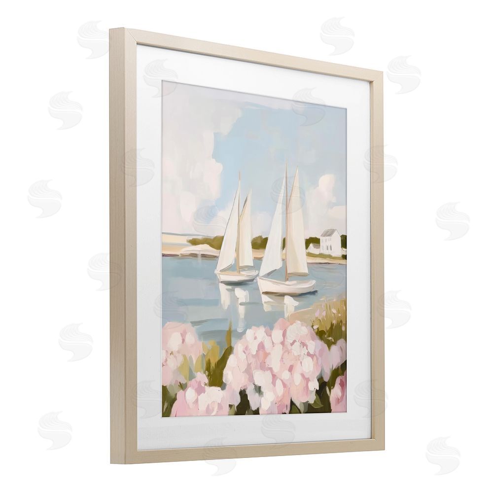 Sisi and Seb Sailboat Duo with Pink Hydrangeas Brown Framed Print Under Glass with White Mat Wall Art