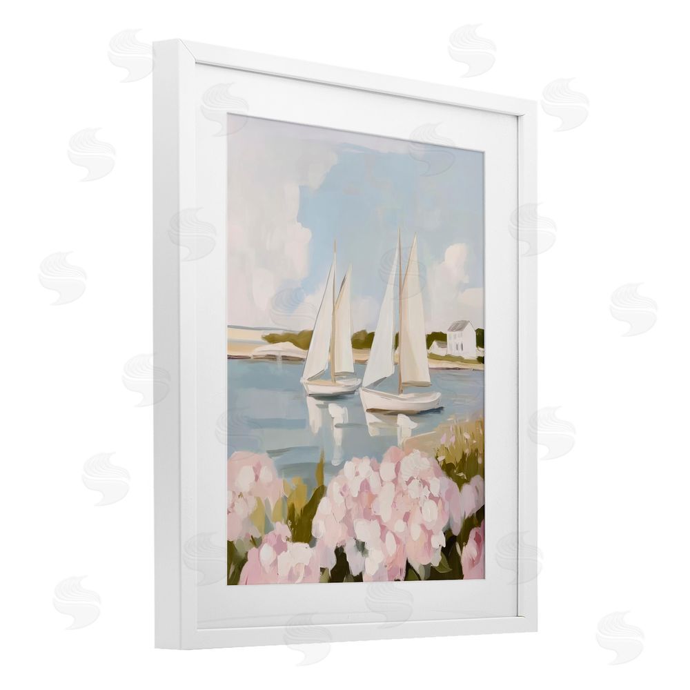 Sisi and Seb Sailboat Duo with Pink Hydrangeas White Framed Print Under Glass with White Mat Wall Art