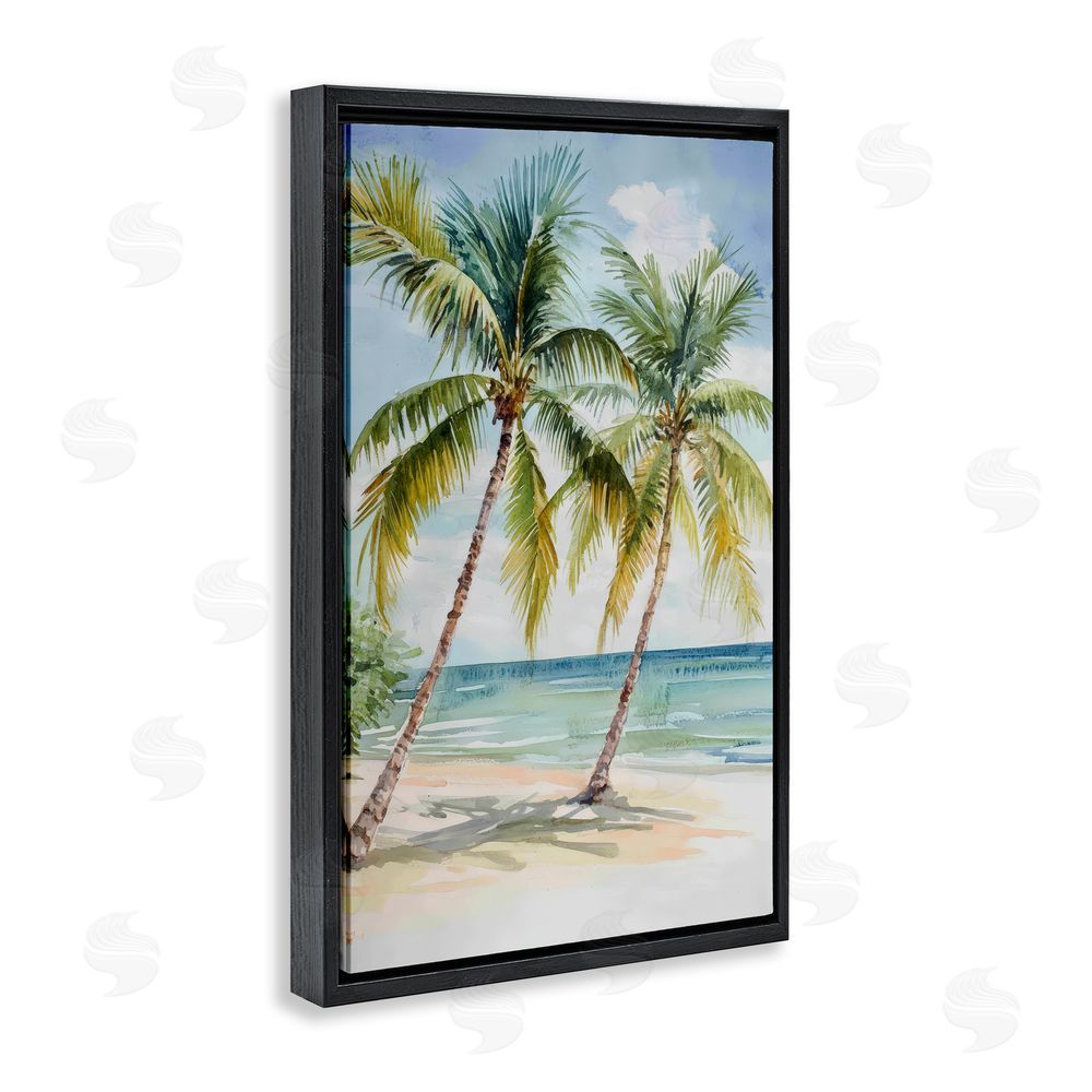 Petal Prints Design Shady Palm Beach Escape Black Floating Framed Canvas Wall Art Print