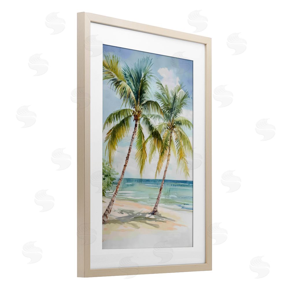 Petal Prints Design Shady Palm Beach Escape Brown Framed Print Under Glass with White Mat Wall Art