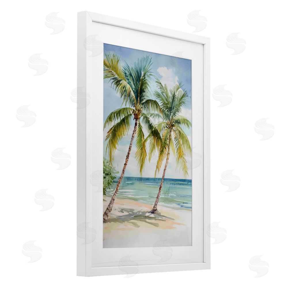 Petal Prints Design Shady Palm Beach Escape White Framed Print Under Glass with White Mat Wall Art