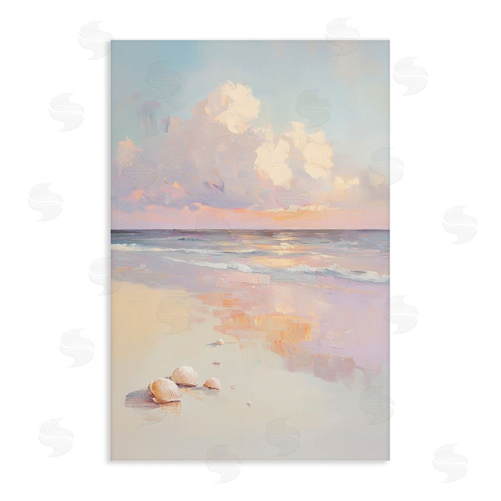 Sisi and Seb Pastel Sunset Over Seashells Stretched Canvas Wall Art