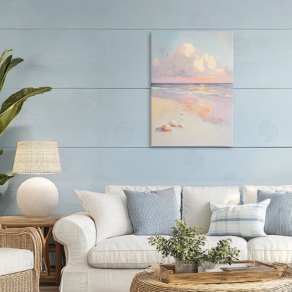 Sisi and Seb Pastel Sunset Over Seashells Stretched Canvas Wall Art in Room