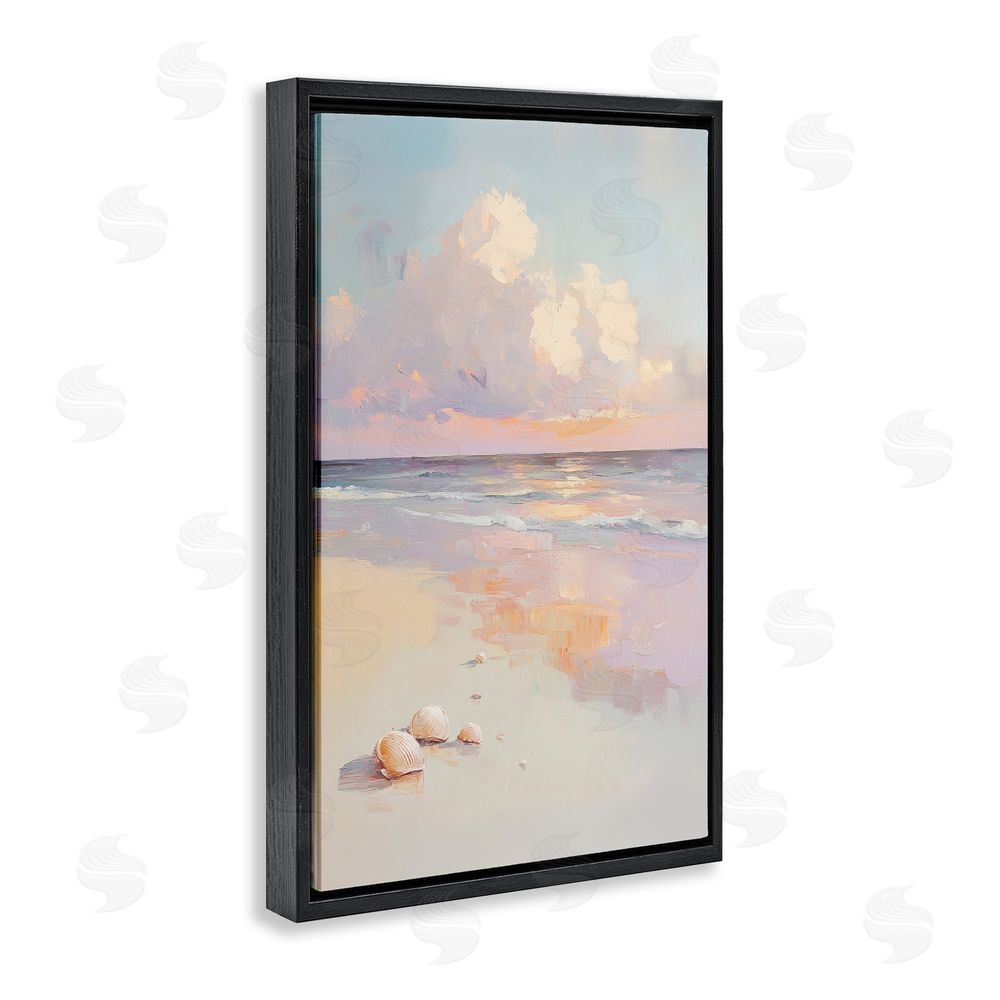 Sisi and Seb Pastel Sunset Over Seashells Black Floating Framed Canvas Wall Art