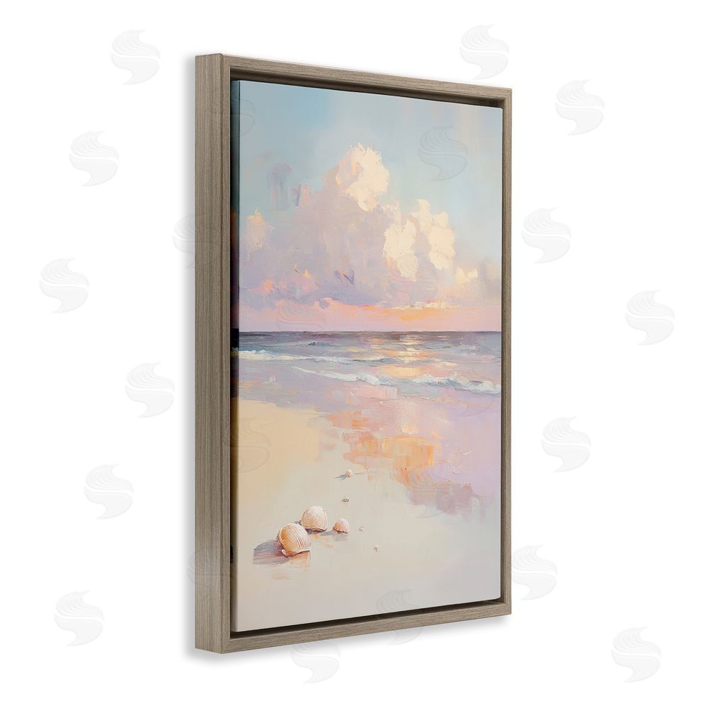 Sisi and Seb Pastel Sunset Over Seashells Brown Floating Framed Canvas Wall Art