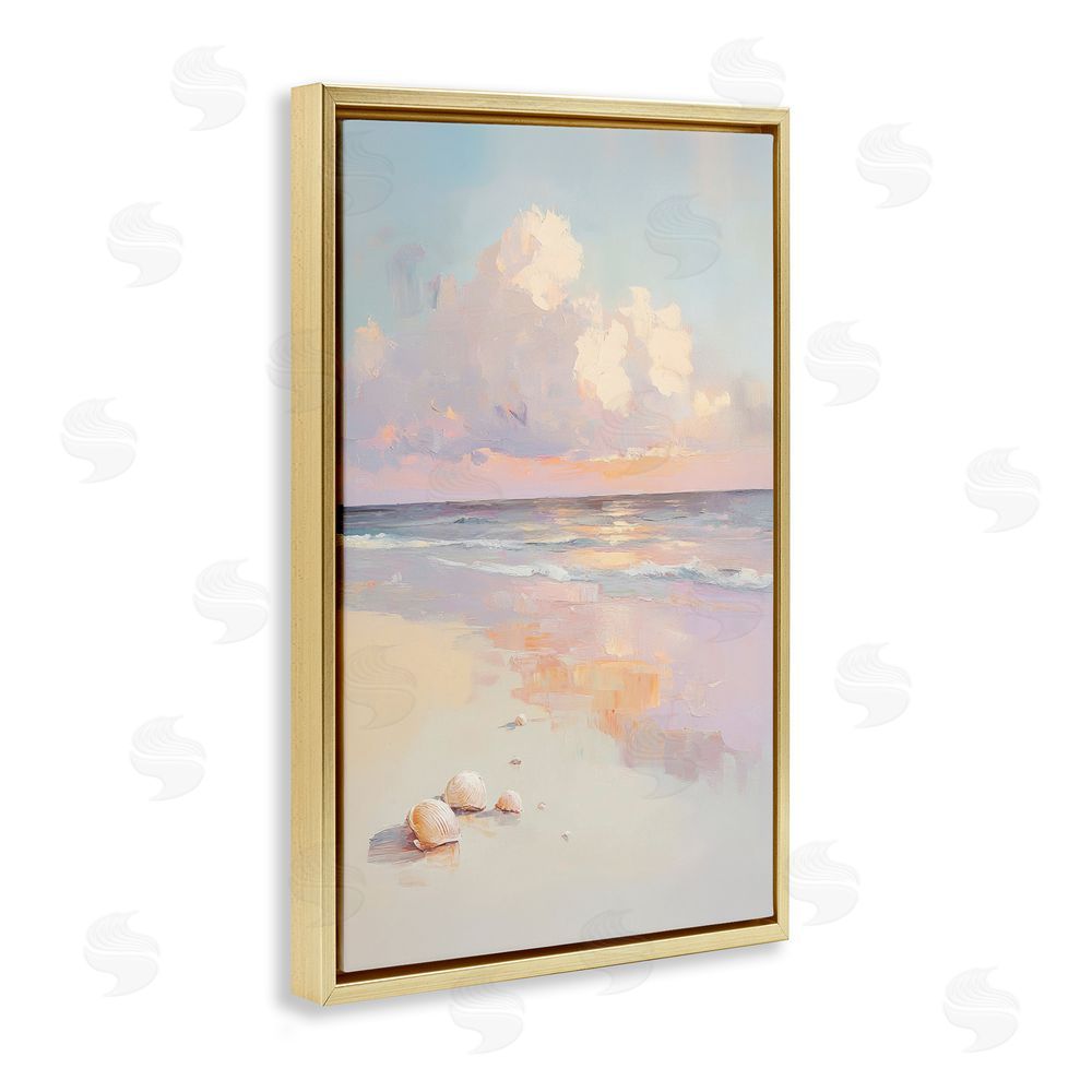 Sisi and Seb Pastel Sunset Over Seashells Gold Floating Framed Canvas Wall Art