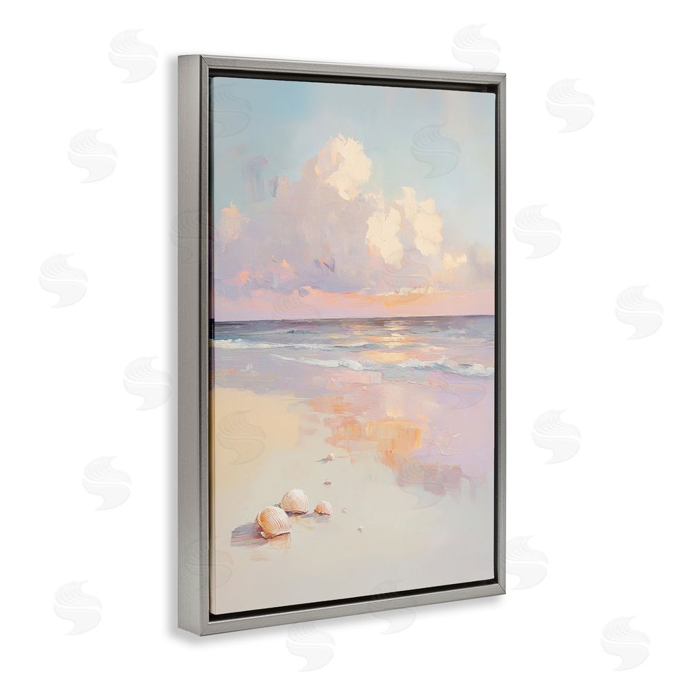 Sisi and Seb Pastel Sunset Over Seashells Gray Floating Framed Canvas Wall Art