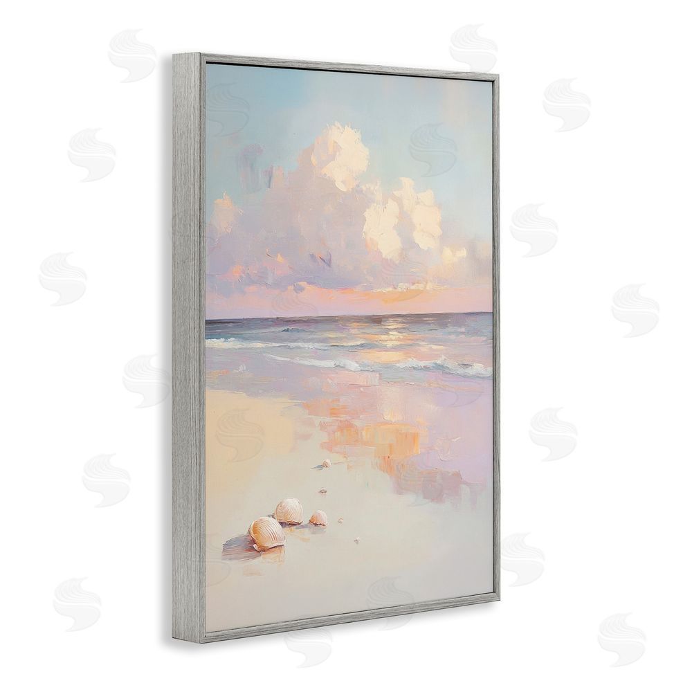 Sisi and Seb Pastel Sunset Over Seashells Gray Framed Giclee Wall Art
