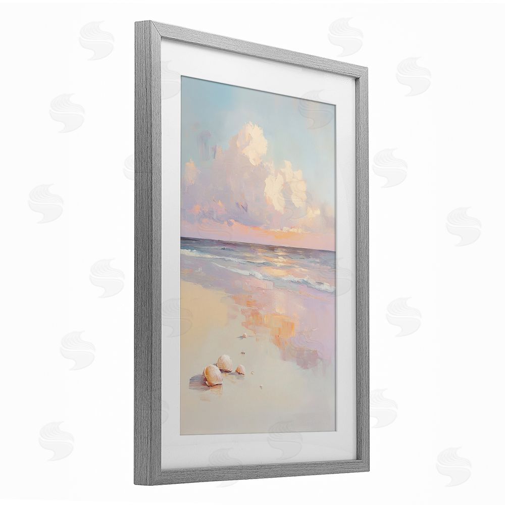 Sisi and Seb Pastel Sunset Over Seashells Gray Framed Print Under Glass Wall Art