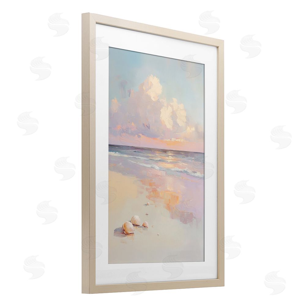 Sisi and Seb Pastel Sunset Over Seashells Brown Framed Print Under Glass Wall Art