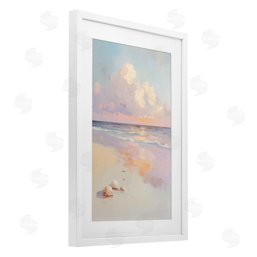 Sisi and Seb Pastel Sunset Over Seashells White Framed Print Under Glass Wall Art