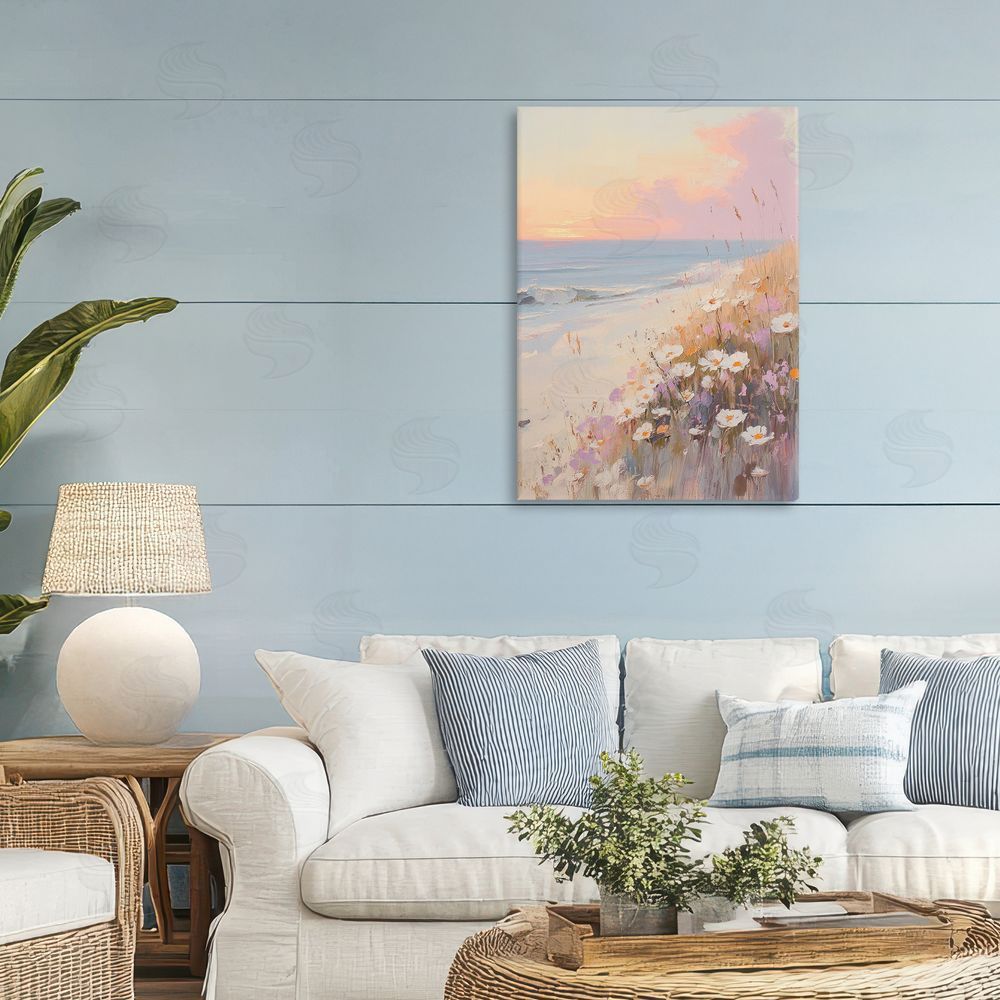 Sisi and Seb Pastel Sunset Wildflowers By Sea Stretched Canvas Wall Art in Room