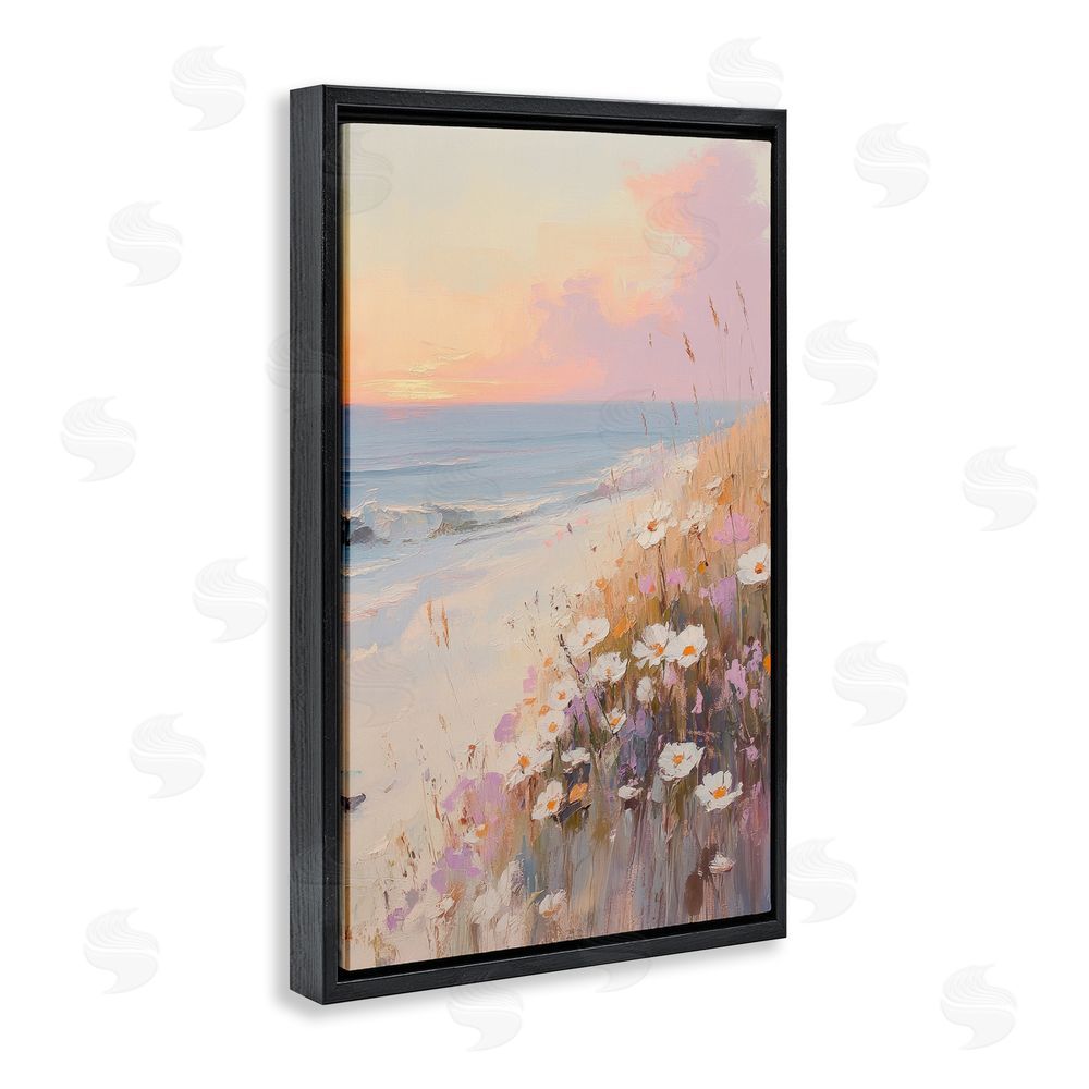 Sisi and Seb Pastel Sunset Wildflowers By Sea Black Floating Framed Canvas Wall Art