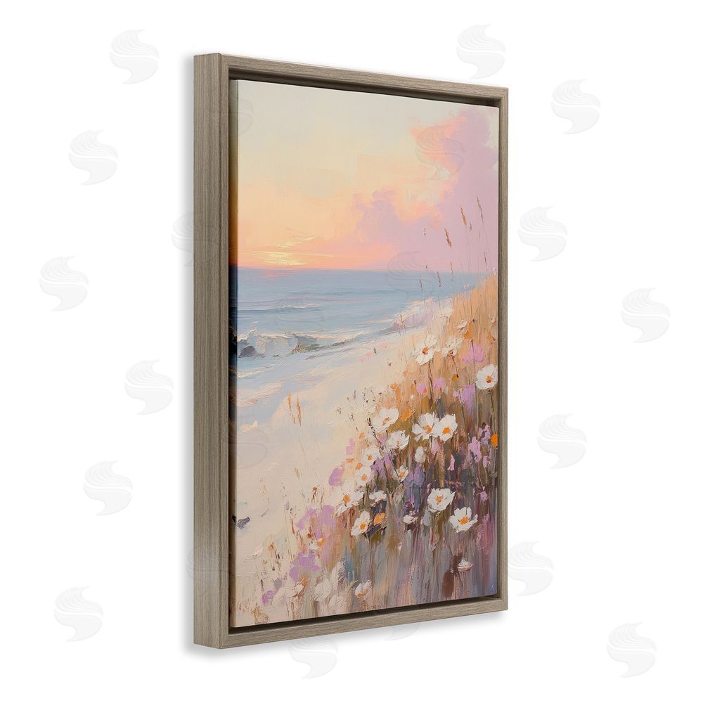 Sisi and Seb Pastel Sunset Wildflowers By Sea Brown Floating Framed Canvas Wall Art