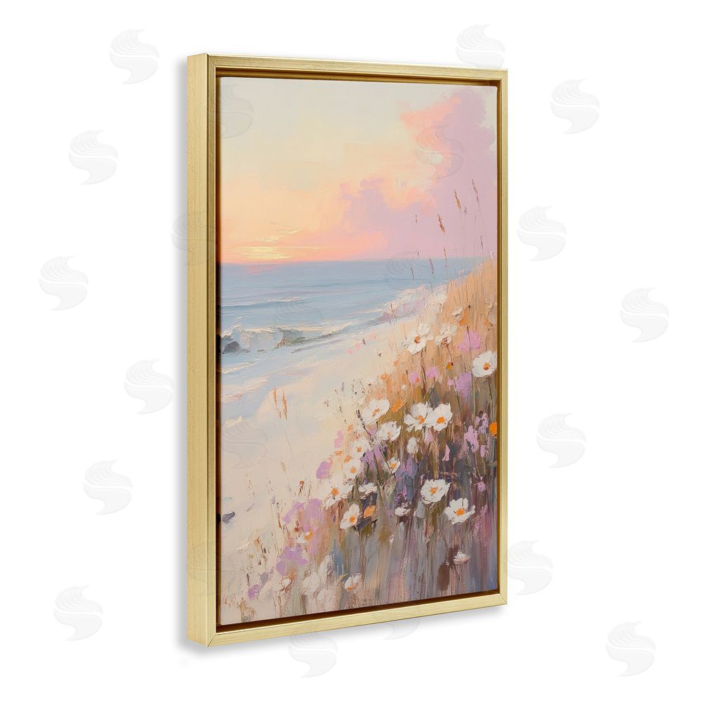 Sisi and Seb Pastel Sunset Wildflowers By Sea Gold Floating Framed Canvas Wall Art
