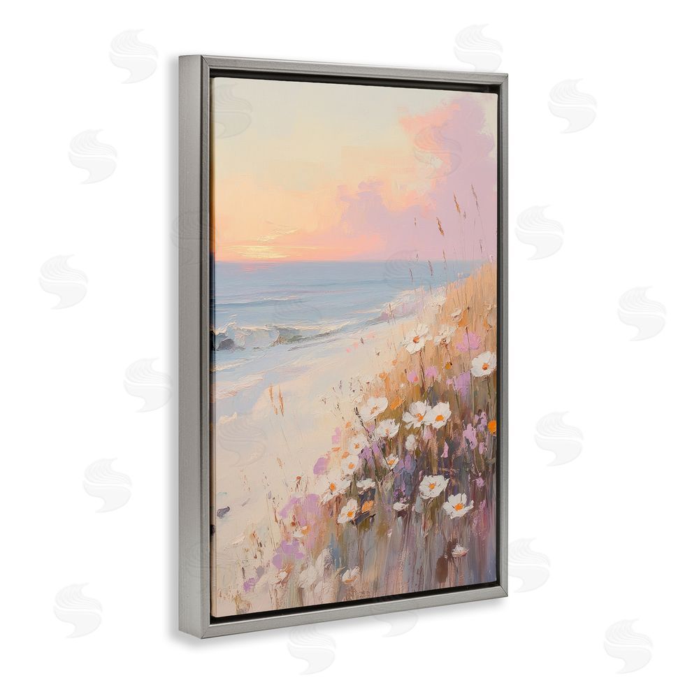 Sisi and Seb Pastel Sunset Wildflowers By Sea Gray Floating Framed Canvas Wall Art