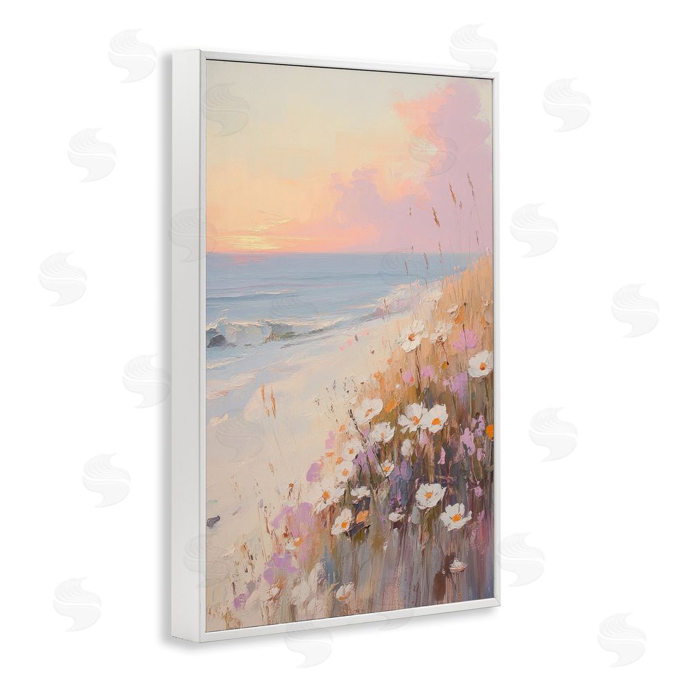 Sisi and Seb Pastel Sunset Wildflowers By Sea White Framed Giclee Wall Art