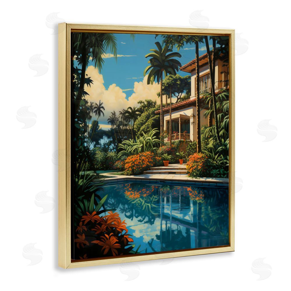 Creative Studio Tropical Tranquility Villa Gold Floating Framed Canvas Wall Art Print