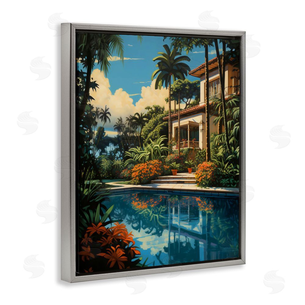 Creative Studio Tropical Tranquility Villa Gray Floating Framed Canvas Wall Art Print