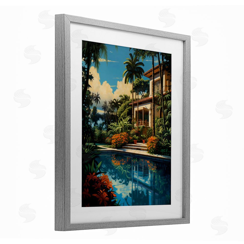Creative Studio Tropical Tranquility Villa Gray Framed Print Under Glass with White Mat Wall Art