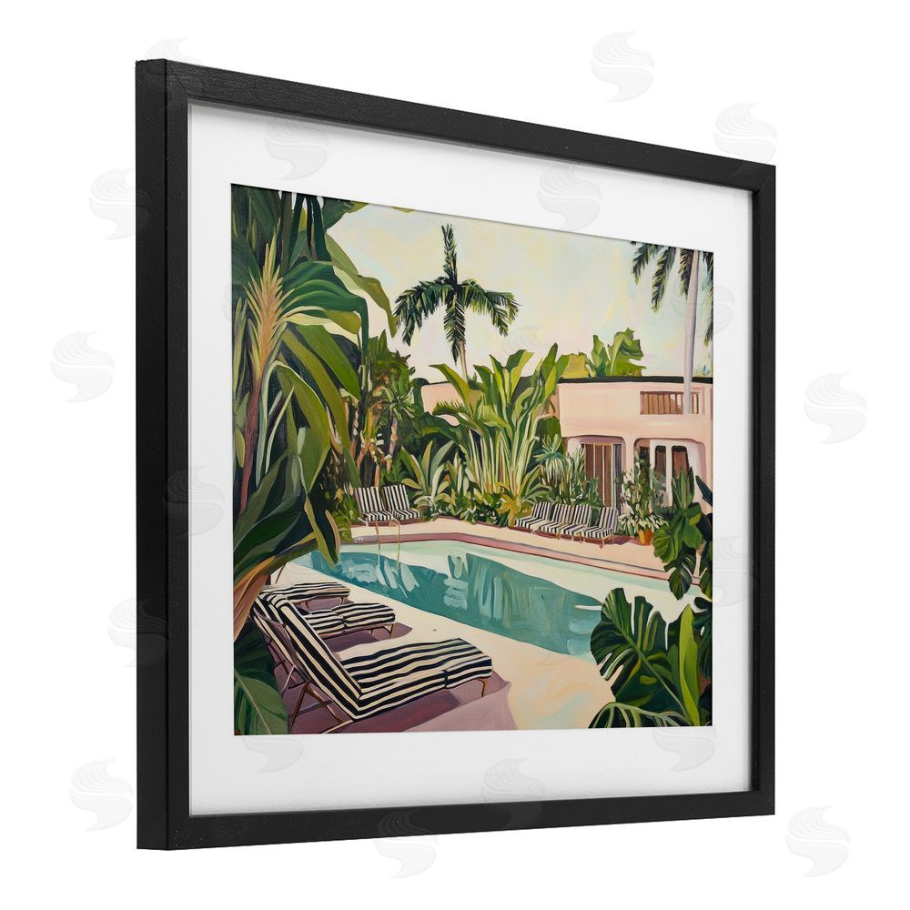 Sisi and Seb Poolside Resort Lounge Chairs Black Framed Print Under Glass Wall Art