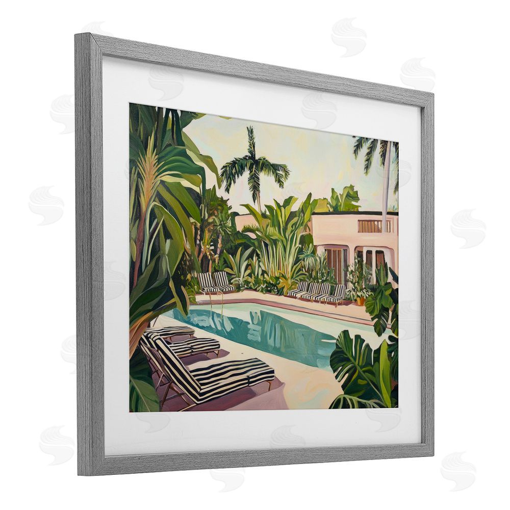Sisi and Seb Poolside Resort Lounge Chairs Gray Framed Print Under Glass Wall Art