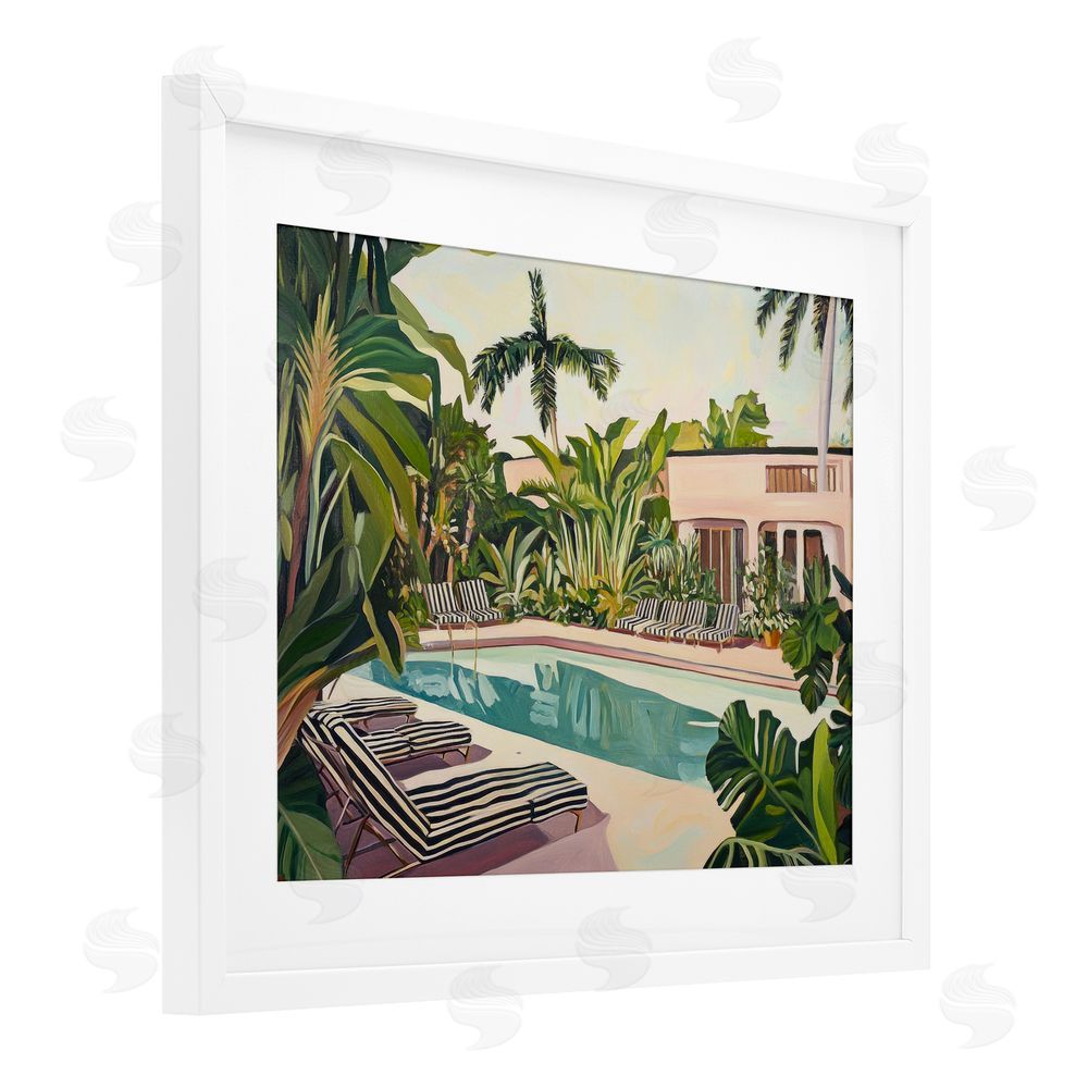 Sisi and Seb Poolside Resort Lounge Chairs White Framed Print Under Glass Wall Art