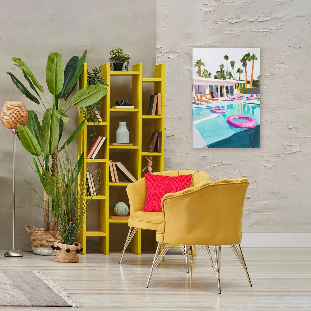 Sisi and Seb Palm Springs Poolside Impression Stretched Canvas Wall Art in Room