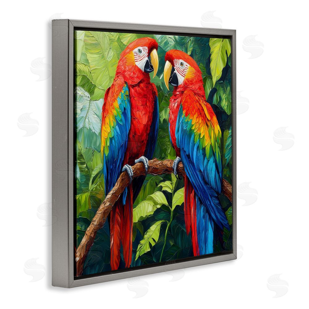 Petal Prints Design Tropical Parrot Pair Gray Floating Framed Canvas Wall Art Print