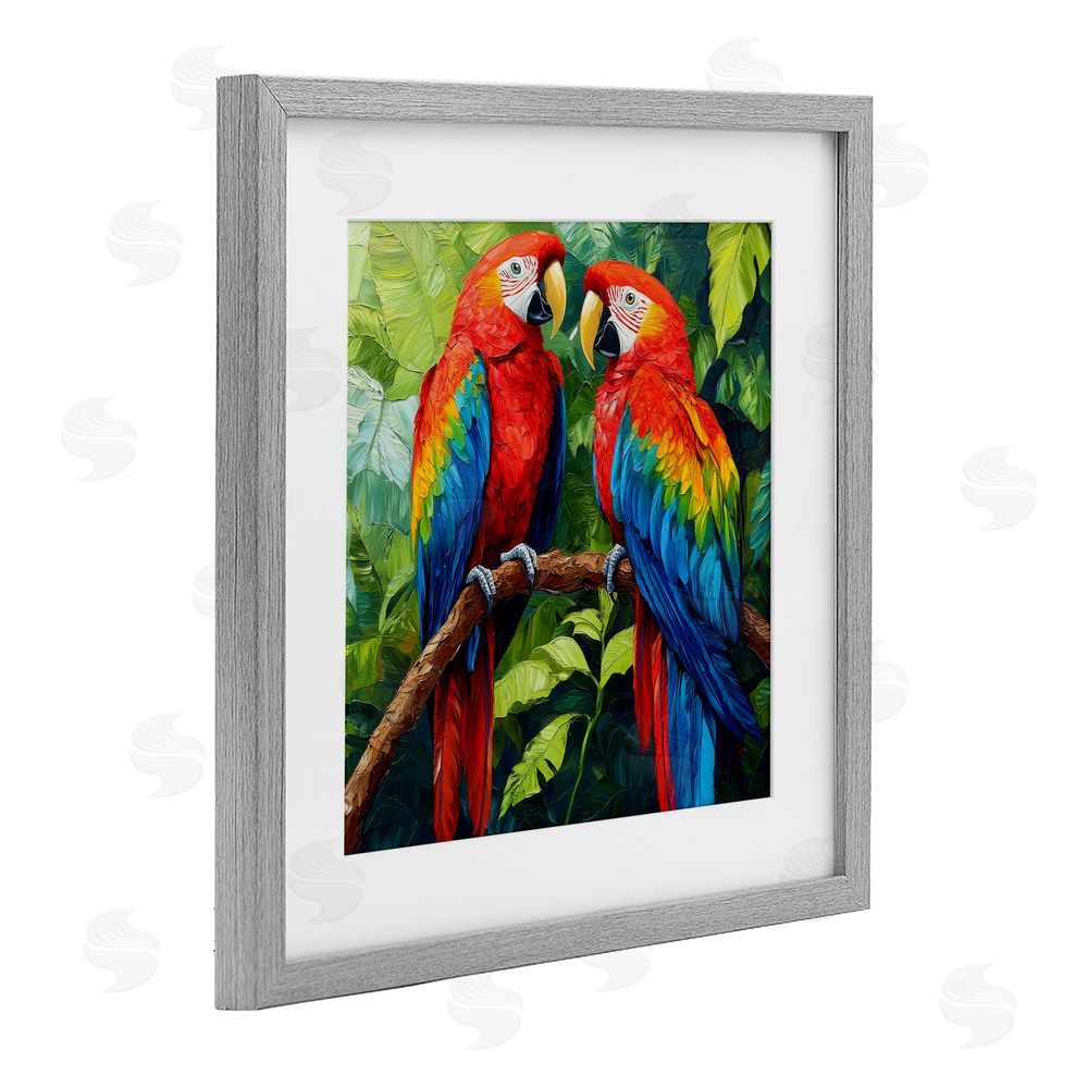 Petal Prints Design Tropical Parrot Pair Gray Framed Print Under Glass with White Mat Wall Art