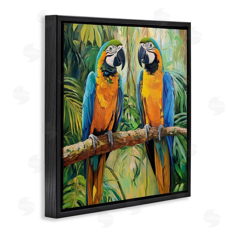 Petal Prints Design Two Macaws Among Foliage Black Floating Framed Canvas Wall Art Print