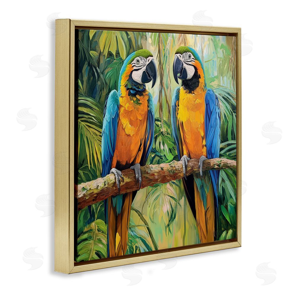 Petal Prints Design Two Macaws Among Foliage Gold Floating Framed Canvas Wall Art Print