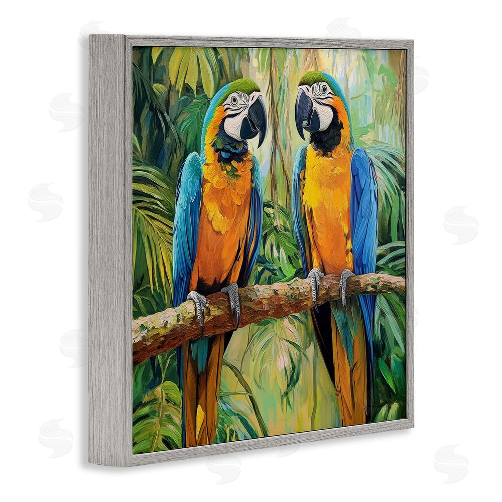 Petal Prints Design Two Macaws Among Foliage Gray Framed Giclee Wall Art Print