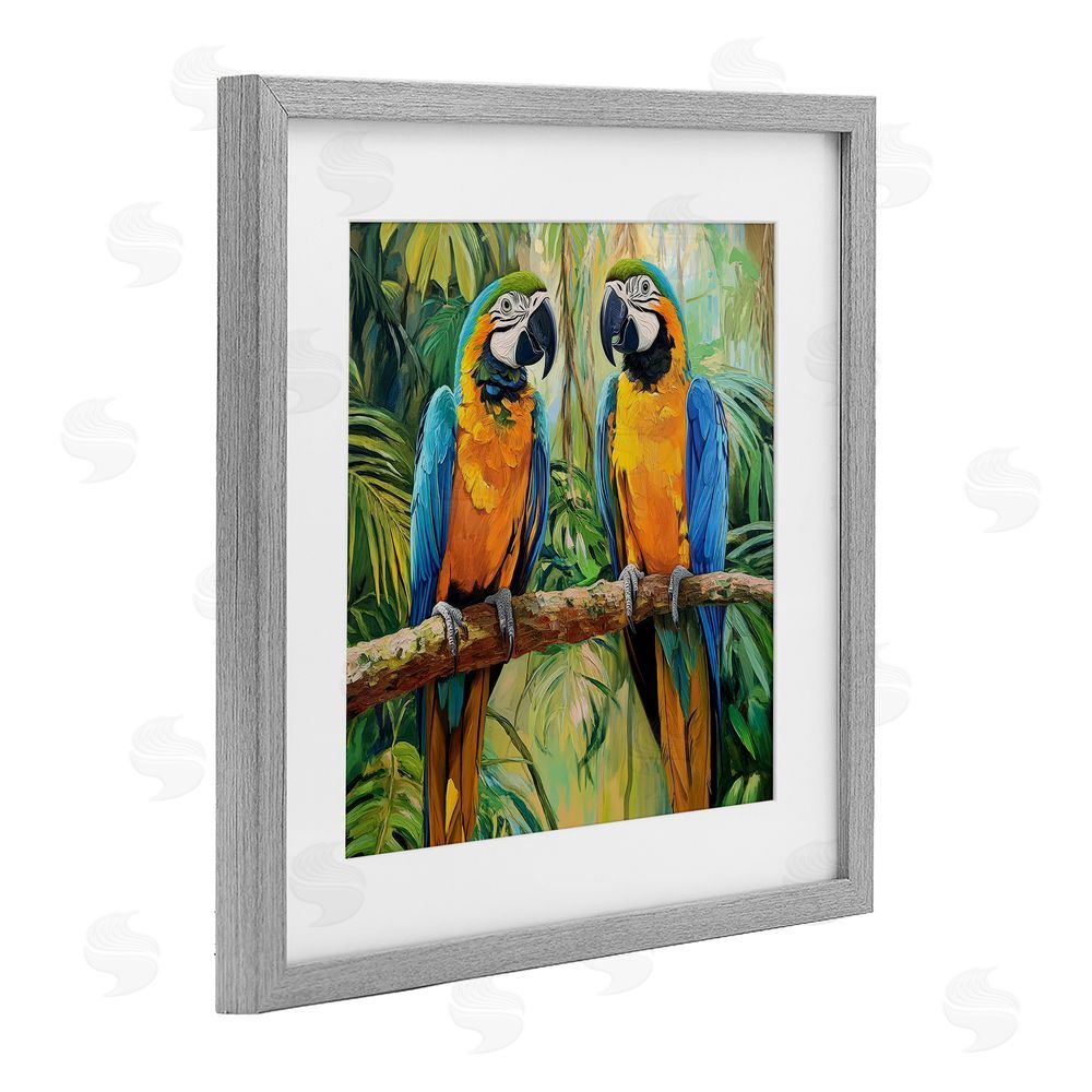 Petal Prints Design Two Macaws Among Foliage Gray Framed Print Under Glass with White Mat Wall Art