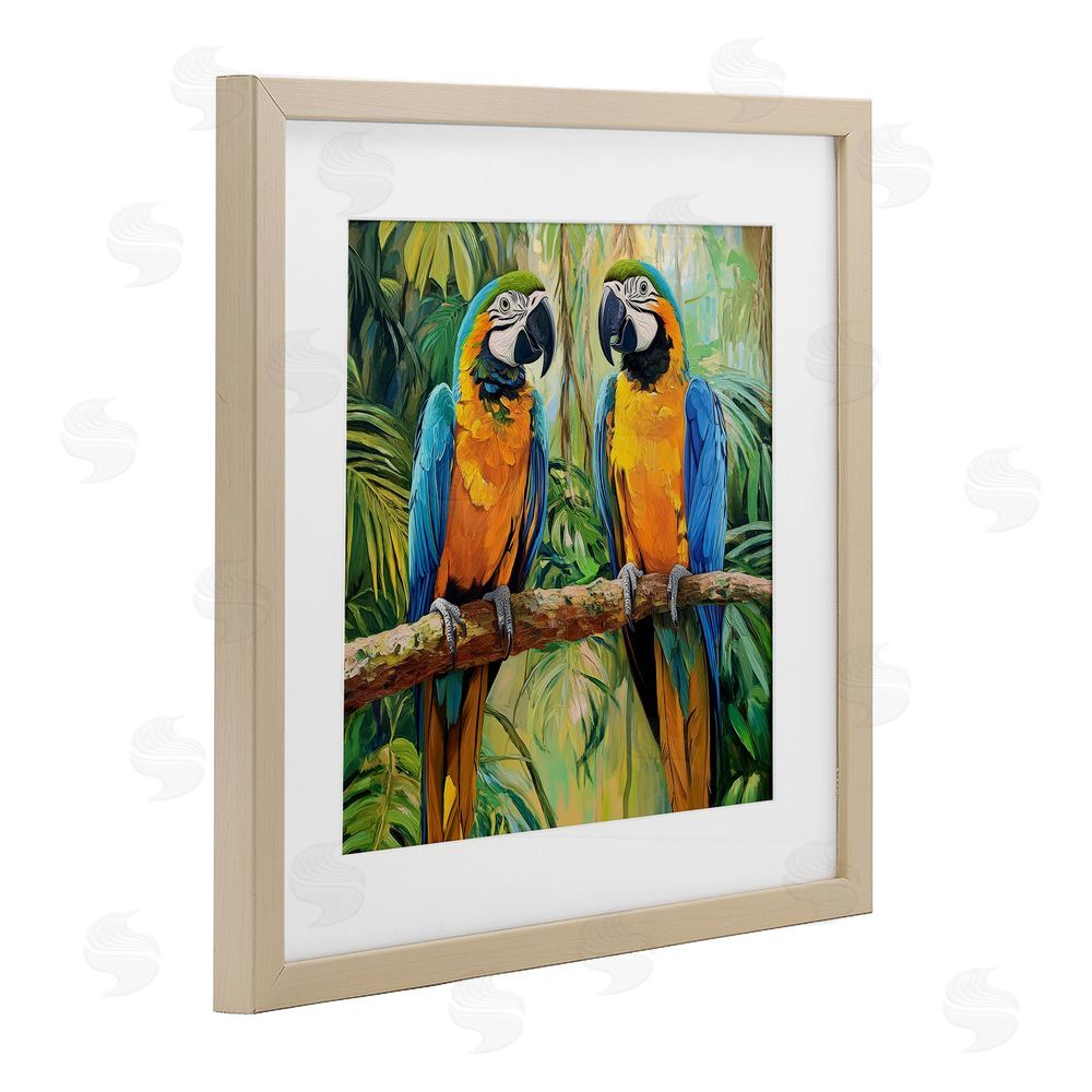 Petal Prints Design Two Macaws Among Foliage Brown Framed Print Under Glass with White Mat Wall Art
