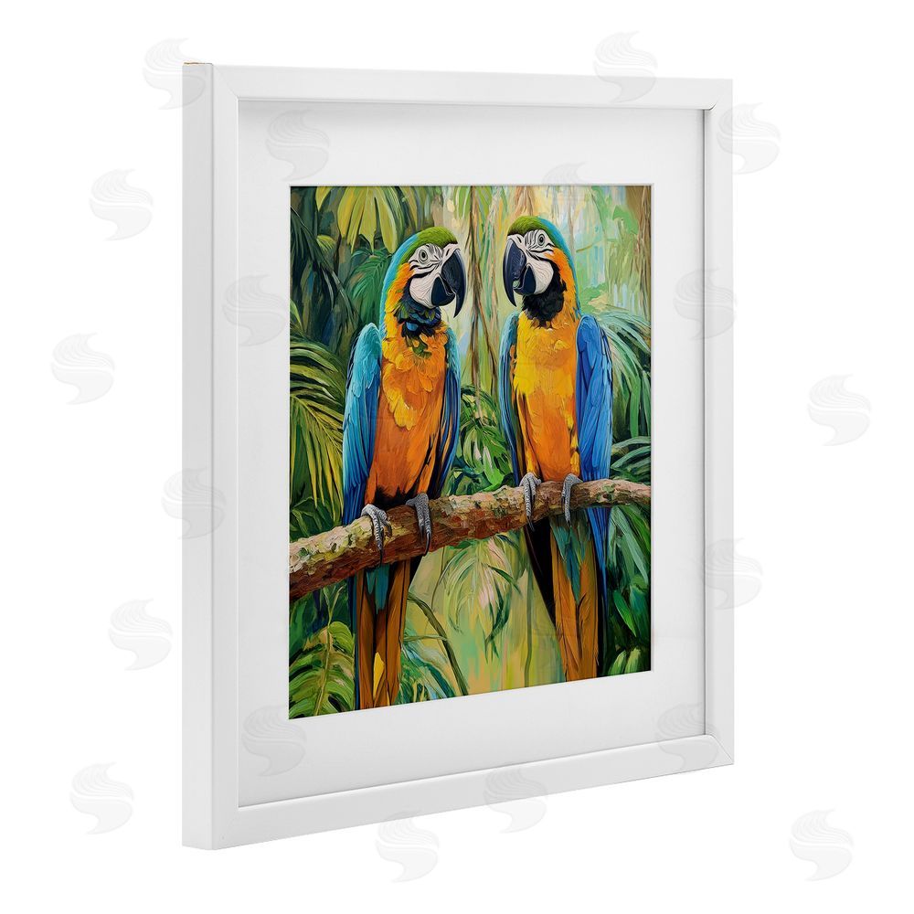 Petal Prints Design Two Macaws Among Foliage White Framed Print Under Glass with White Mat Wall Art