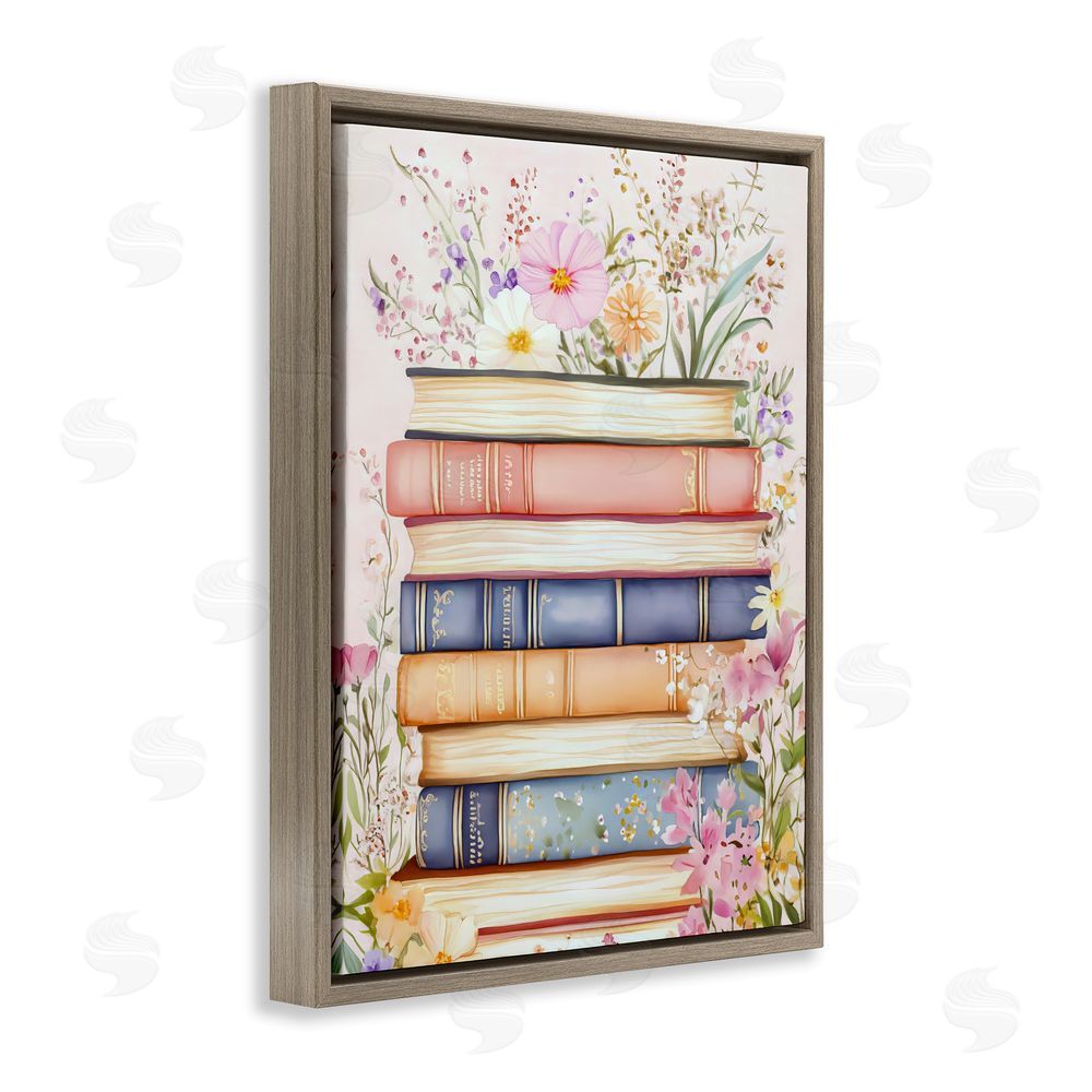 LSR Design Studio Blooming Bookstack in Pastels Brown Floating Frame Stretched Canvas Wall Art Print